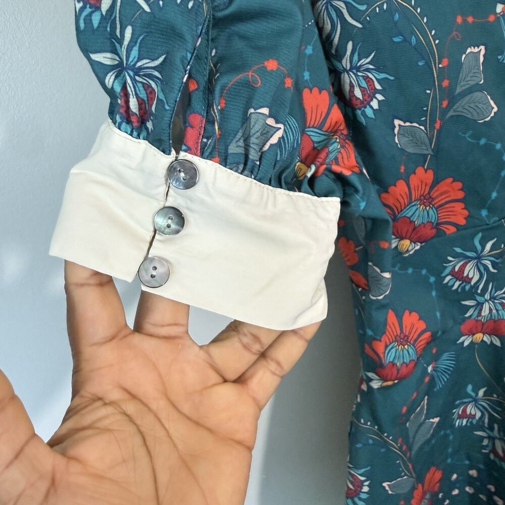Unique Vintage Swing Dress Blue Short Puff Sleeve Green Floral Cottagecore M 6-8 - Picture 6 of 8